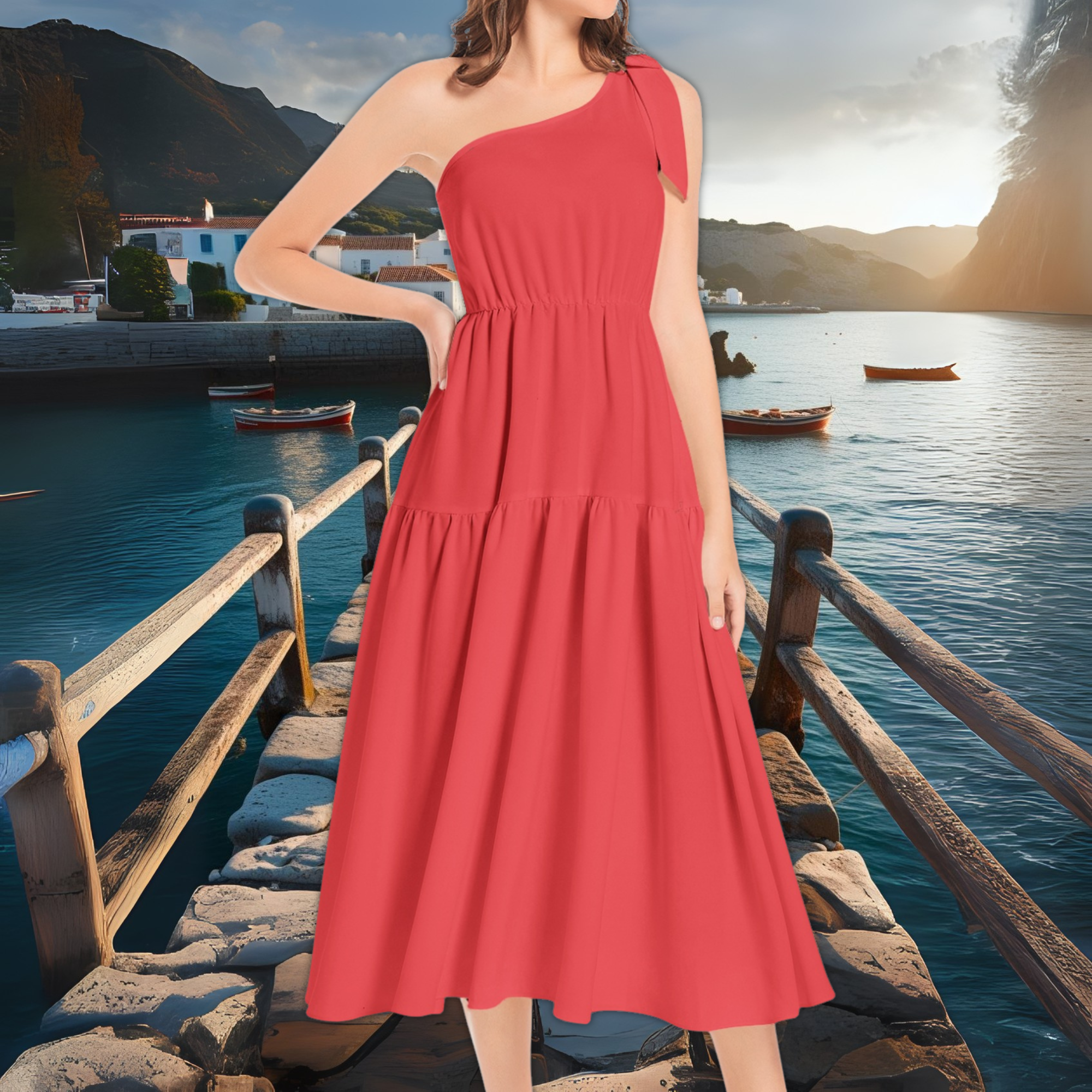 Red One Shoulder Midi Dress – Romantic Ruffle Hem Dress – Date Night or Cocktail Look – Lunthia