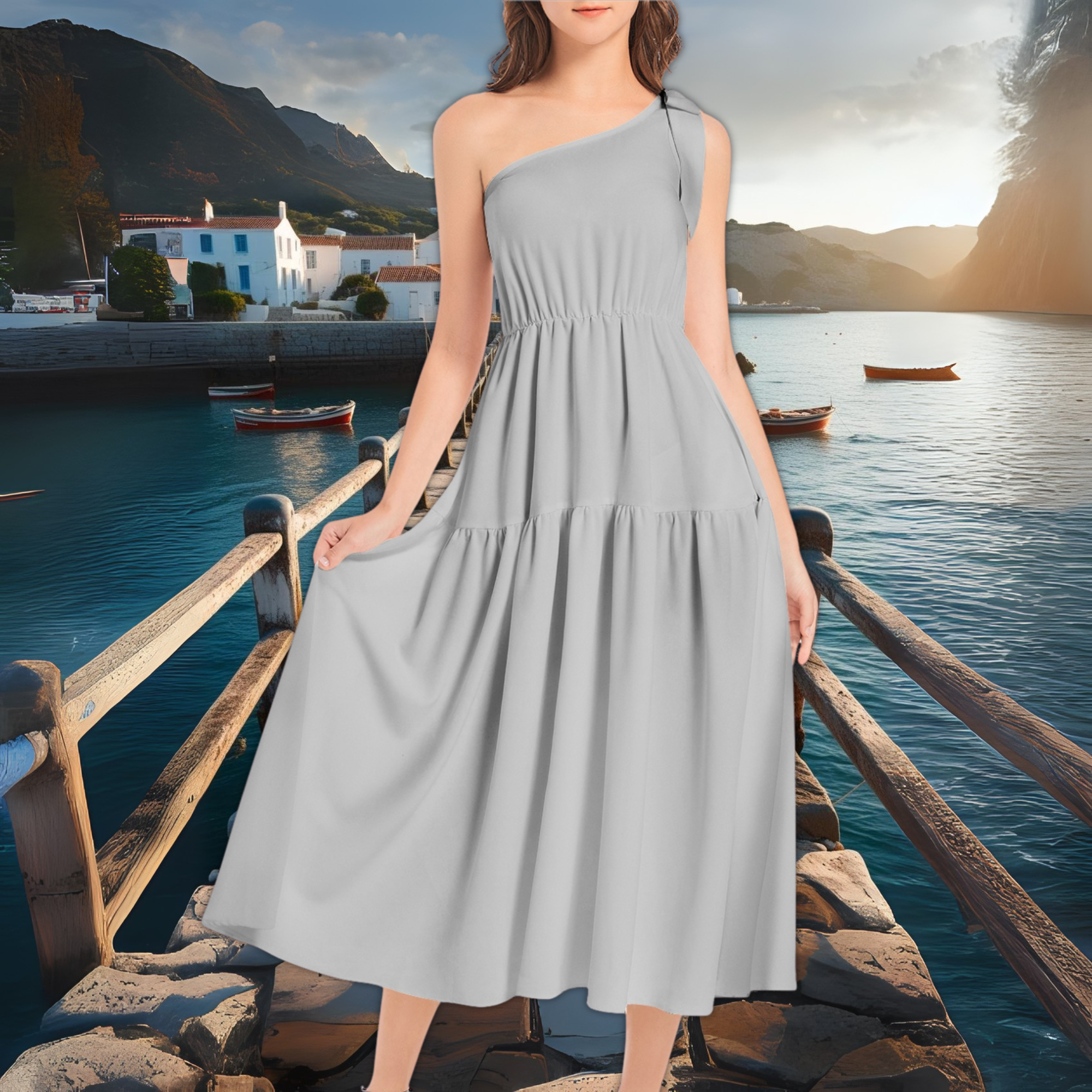 One Shoulder Ruffle Midi Dress in Slate Grey – Elegant Summer Dress – Wedding Guest Dress – Lunthia