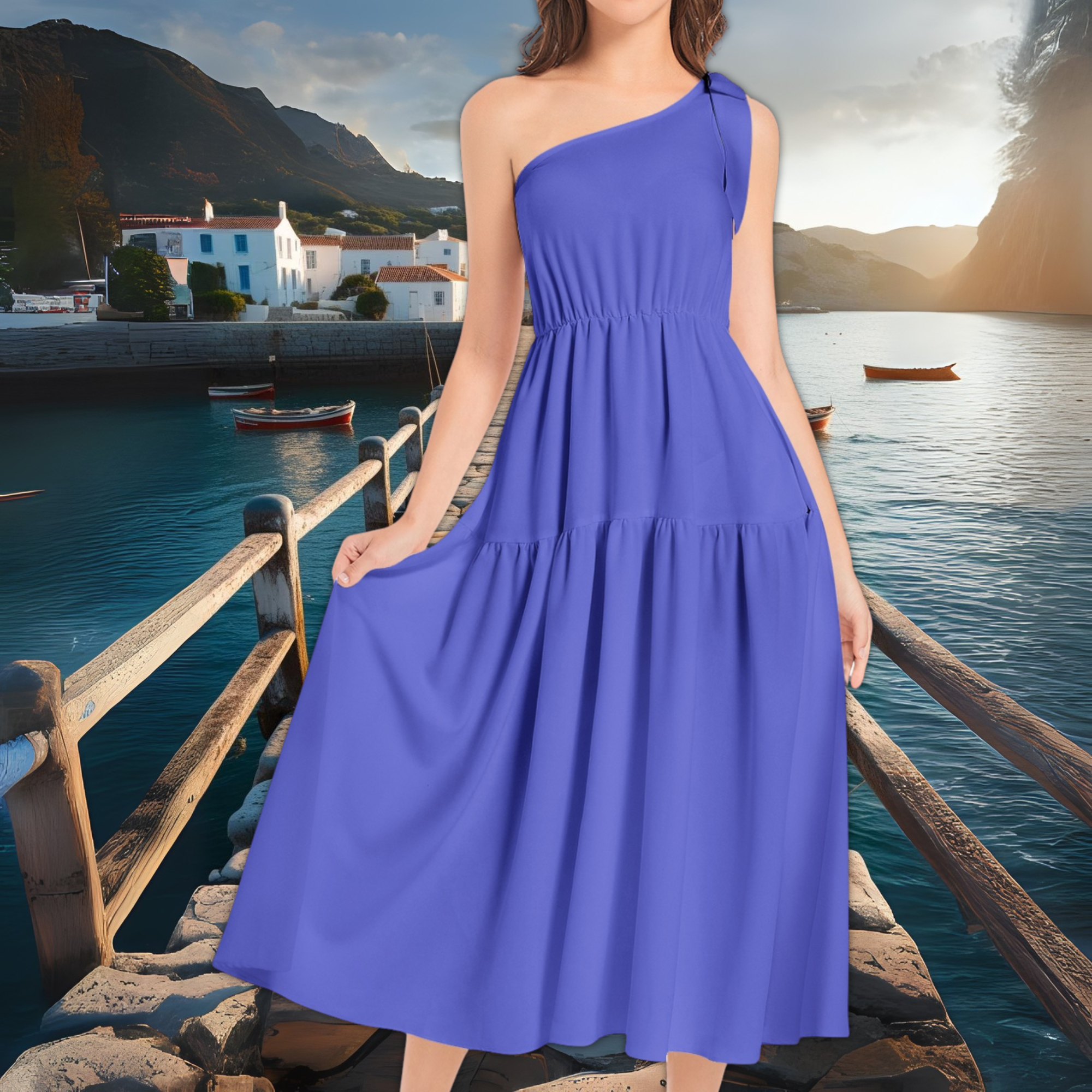 Royal Blue One Shoulder Midi Dress – Bold Ruffle Cocktail Dress – Evening Party Look – Lunthia