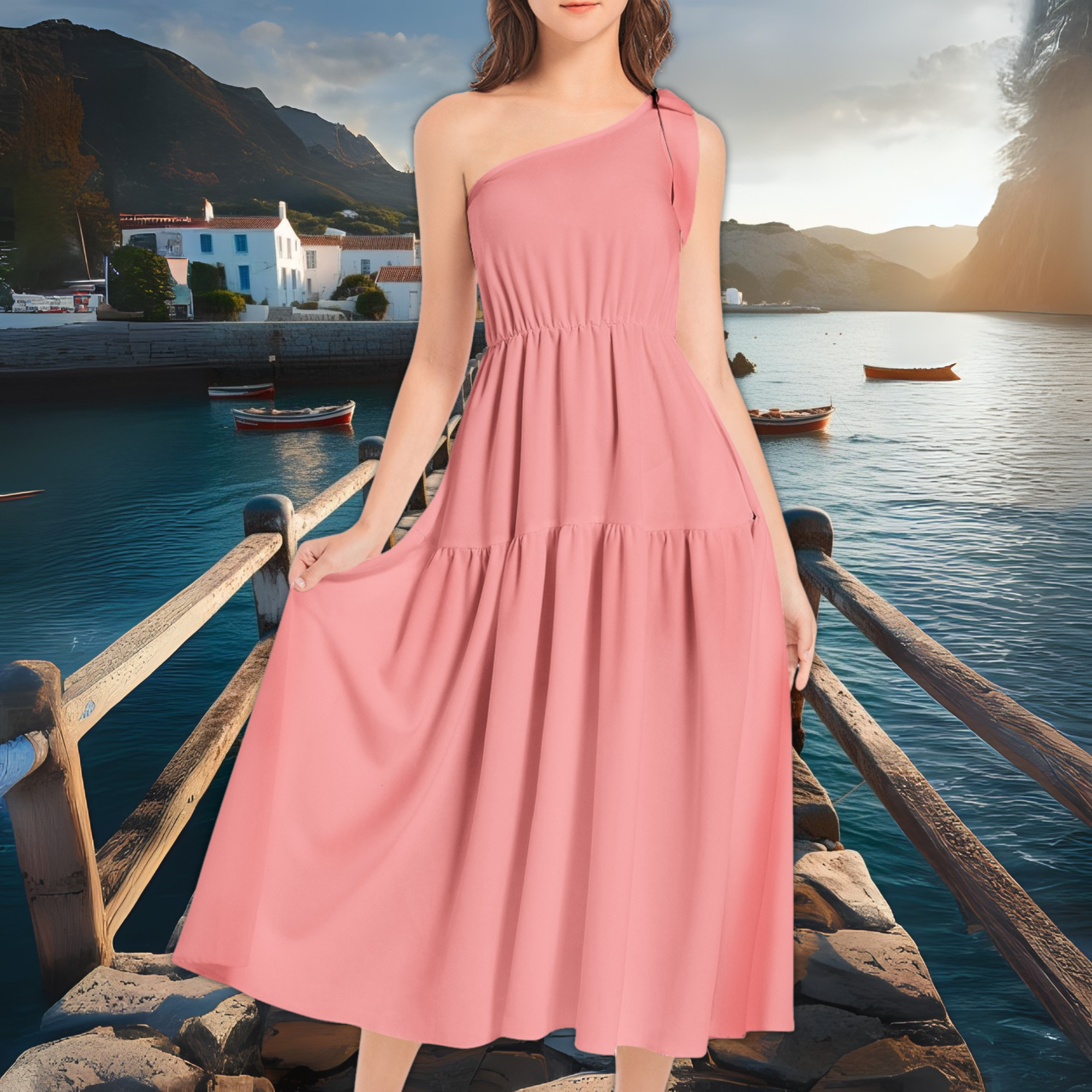 Blush Pink One Shoulder Midi Dress – Bridesmaid Dress – Romantic Ruffle Wedding Guest Dress – Lunthia