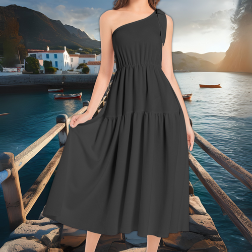 Black One Shoulder Ruffle Midi Dress – Elegant Evening Dress – Cocktail or Gala Outfit – Lunthia