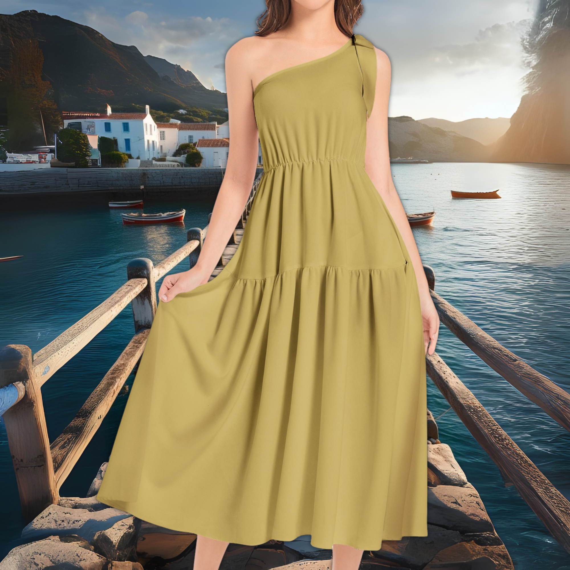 Olive Green One Shoulder Midi Dress – Ruffle Hem Boho Dress – Garden Party Outfit – Lunthia