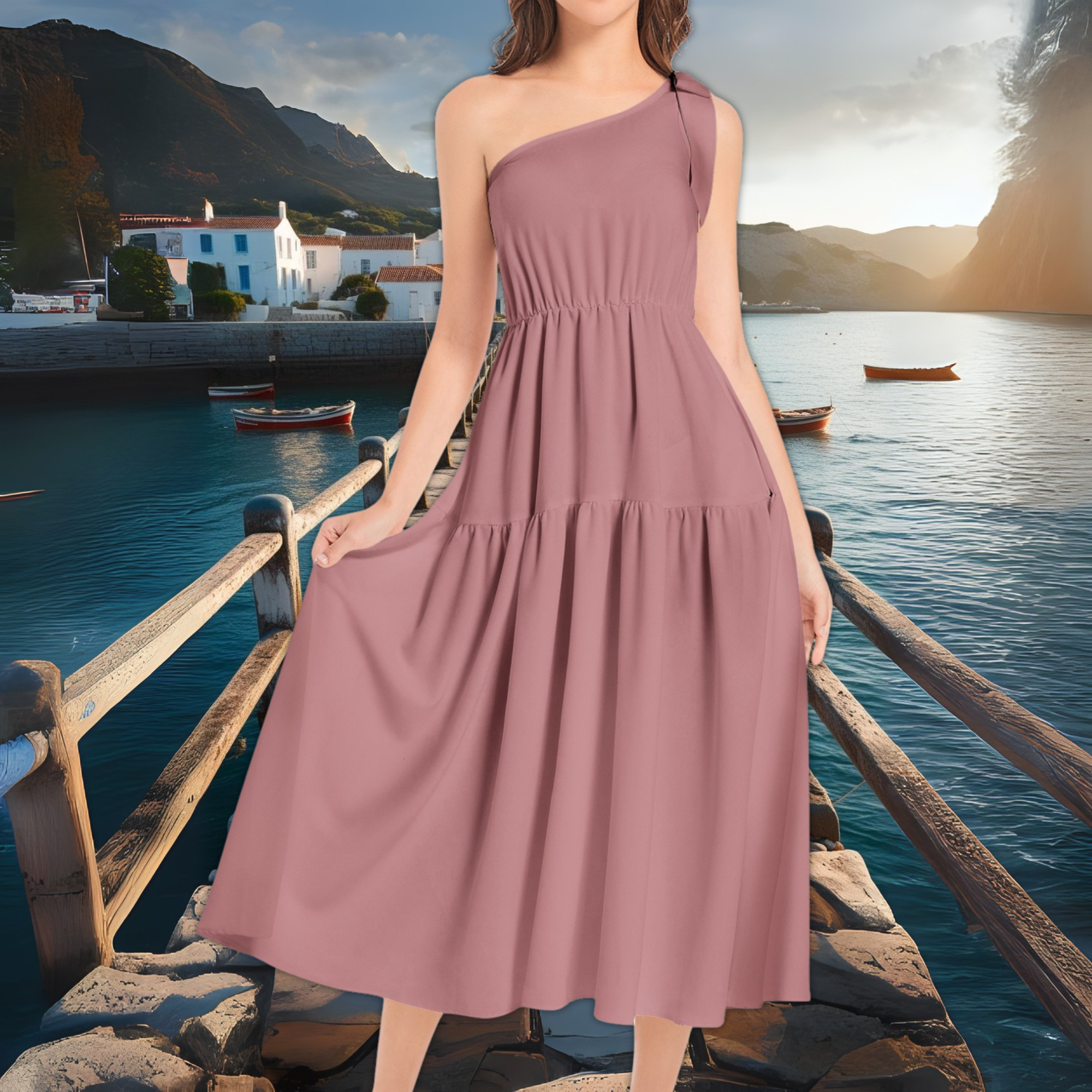 Dusty Mauve Ruffle Midi Dress – Romantic One Shoulder Dress – Bridesmaid or Spring Wedding Guest – Lunthia