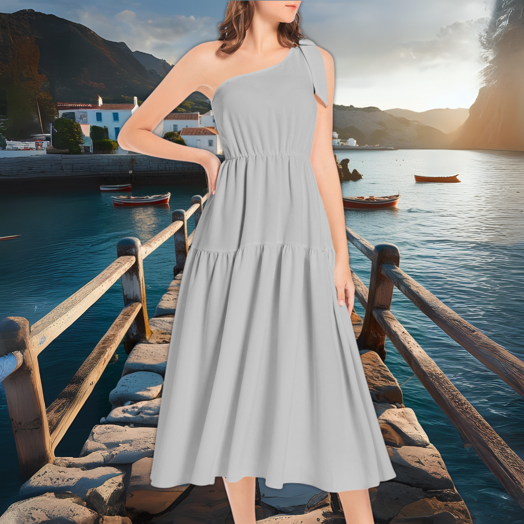One Shoulder Ruffle Midi Dress in Slate Grey – Elegant Summer Dress – Wedding Guest Dress – Lunthia