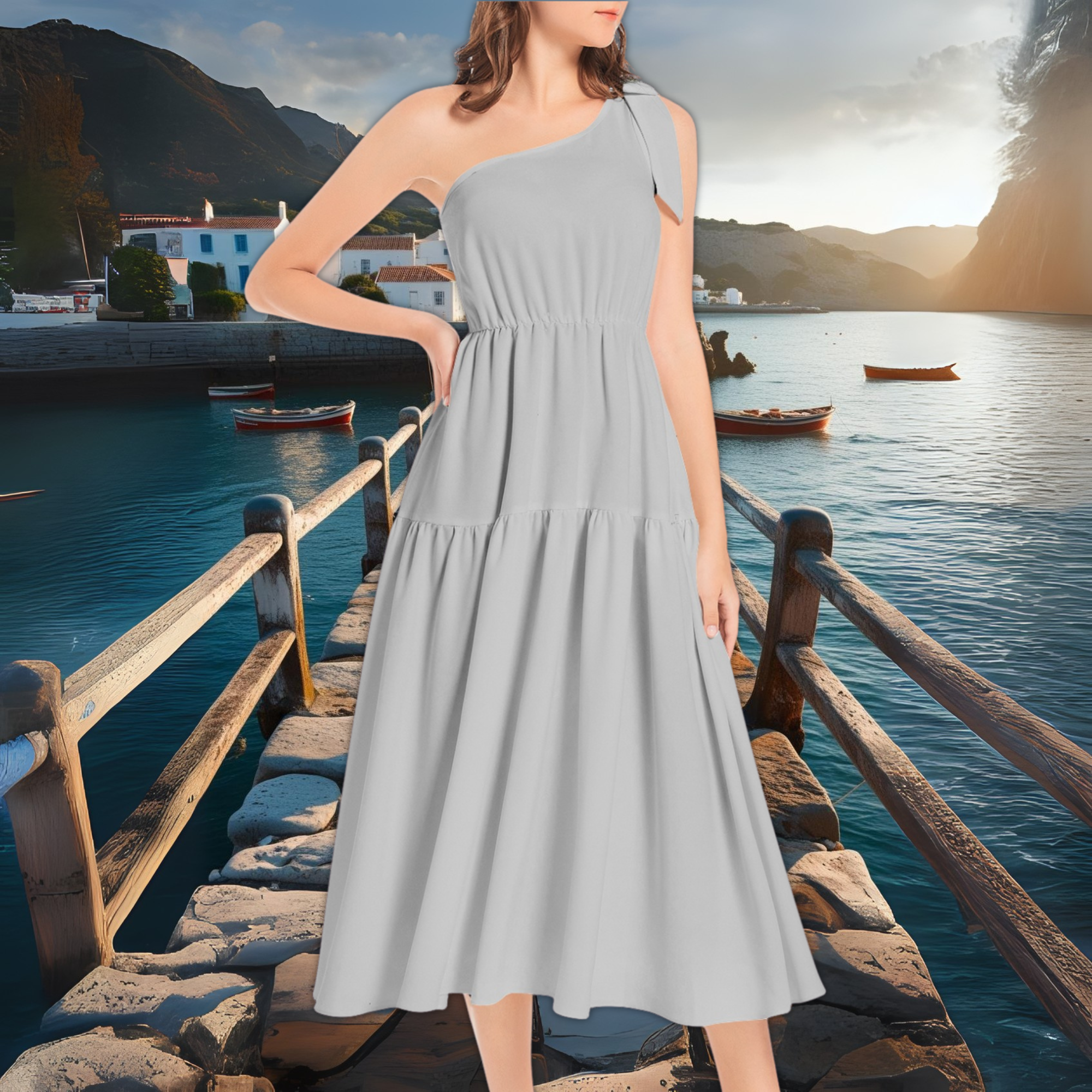 One Shoulder Ruffle Midi Dress in Slate Grey – Elegant Summer Dress – Wedding Guest Dress – Lunthia