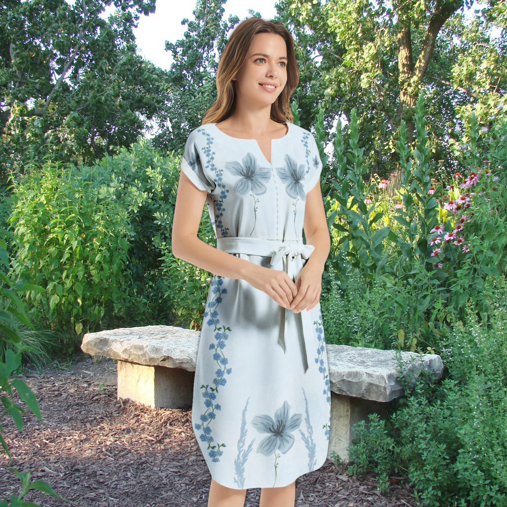 Blue Floral Belted Midi Dress – V-Neck Summer Dress with Batwing Sleeves
