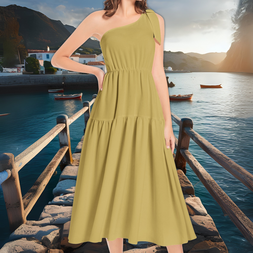 Olive Green One Shoulder Midi Dress – Ruffle Hem Boho Dress – Garden Party Outfit – Lunthia