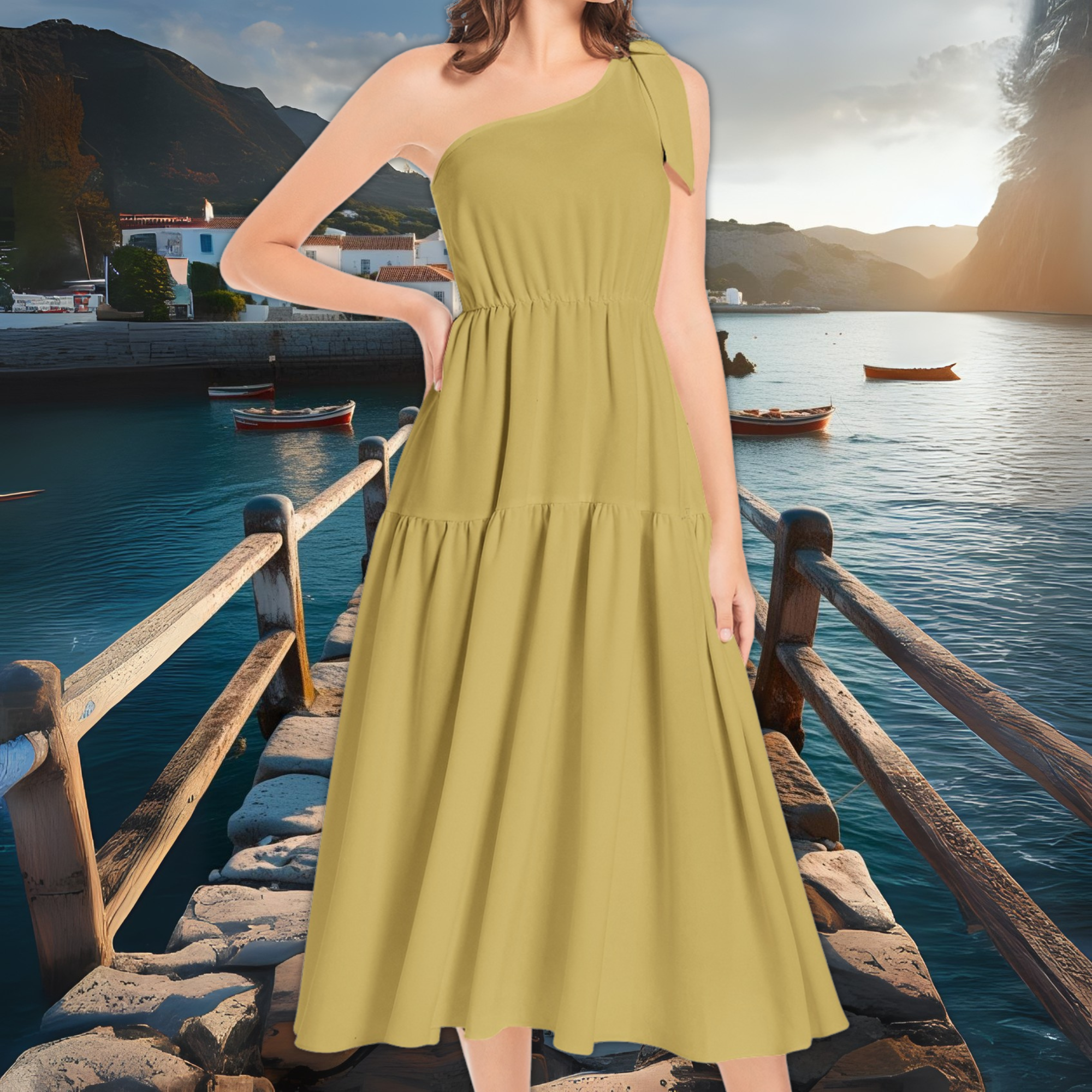 Olive Green One Shoulder Midi Dress – Ruffle Hem Boho Dress – Garden Party Outfit – Lunthia