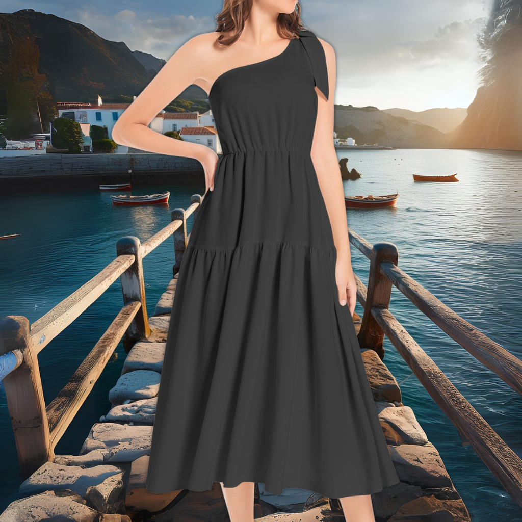 Black One Shoulder Ruffle Midi Dress – Elegant Evening Dress – Cocktail or Gala Outfit – Lunthia