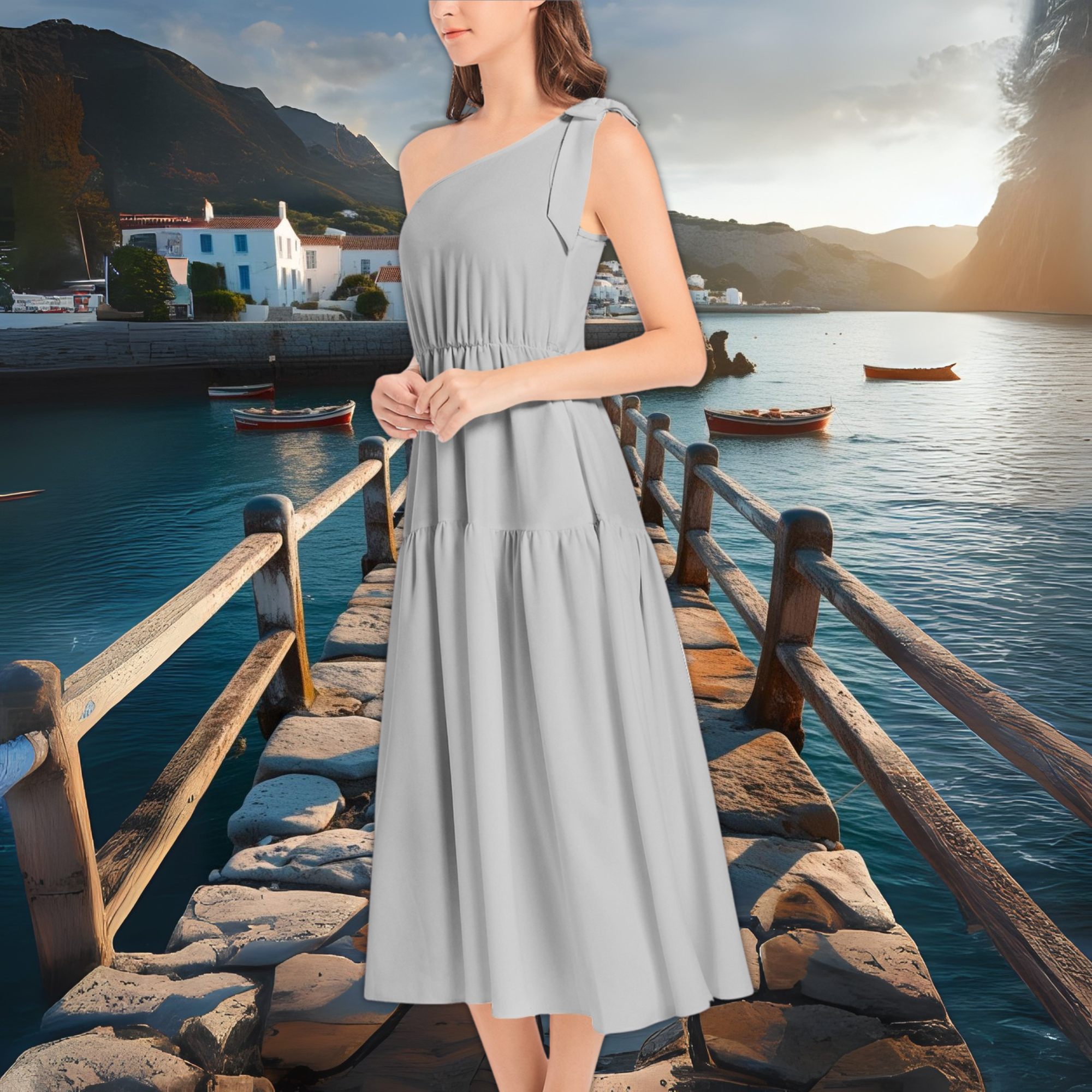 One Shoulder Ruffle Midi Dress in Slate Grey – Elegant Summer Dress – Wedding Guest Dress – Lunthia