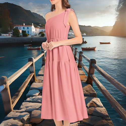 Blush Pink One Shoulder Midi Dress – Bridesmaid Dress – Romantic Ruffle Wedding Guest Dress – Lunthia