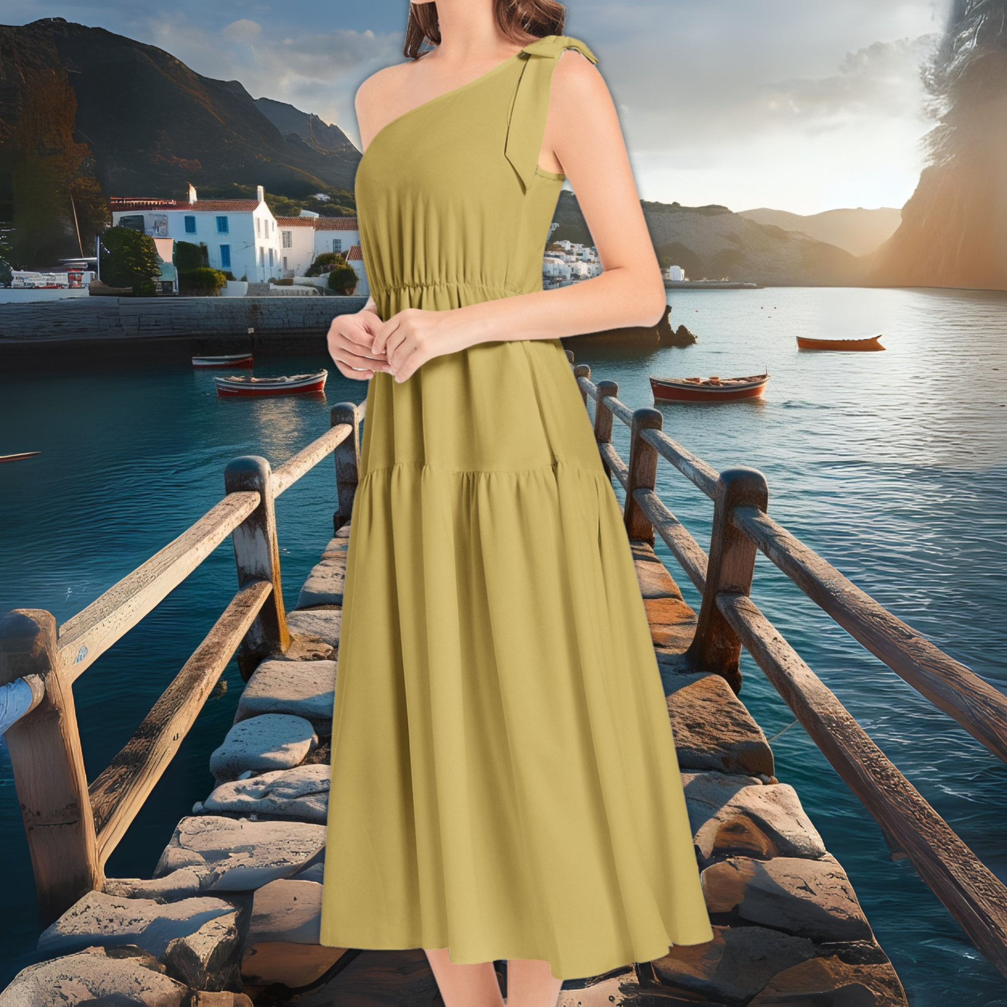 Olive Green One Shoulder Midi Dress – Ruffle Hem Boho Dress – Garden Party Outfit – Lunthia