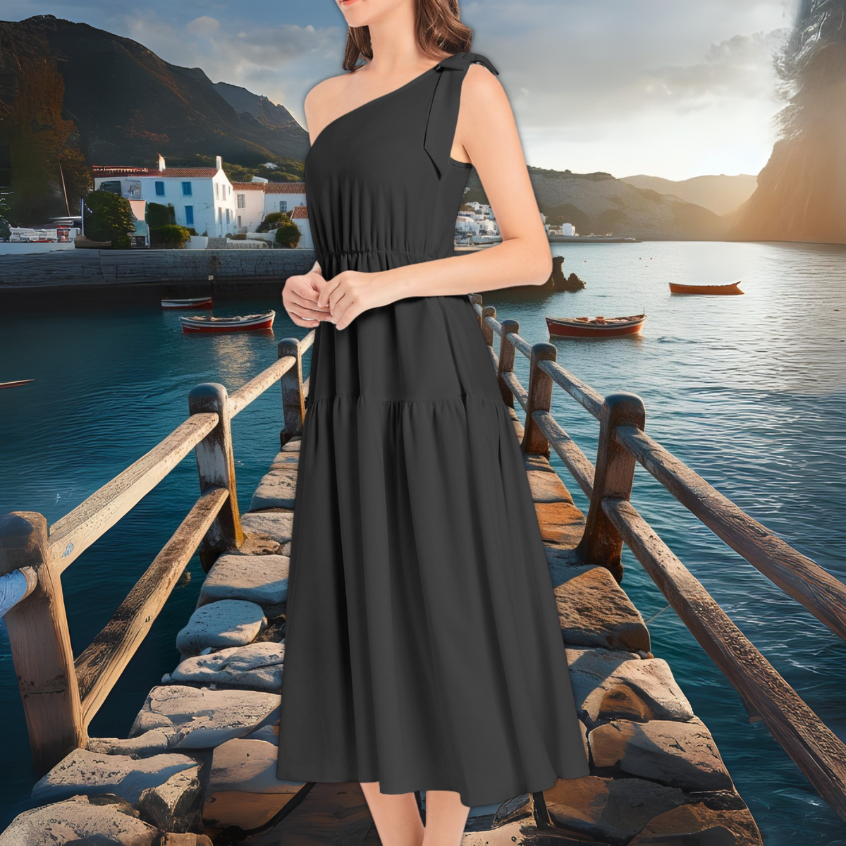 Black One Shoulder Ruffle Midi Dress – Elegant Evening Dress – Cocktail or Gala Outfit – Lunthia
