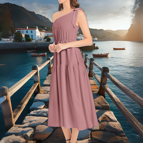 Dusty Mauve Ruffle Midi Dress – Romantic One Shoulder Dress – Bridesmaid or Spring Wedding Guest – Lunthia