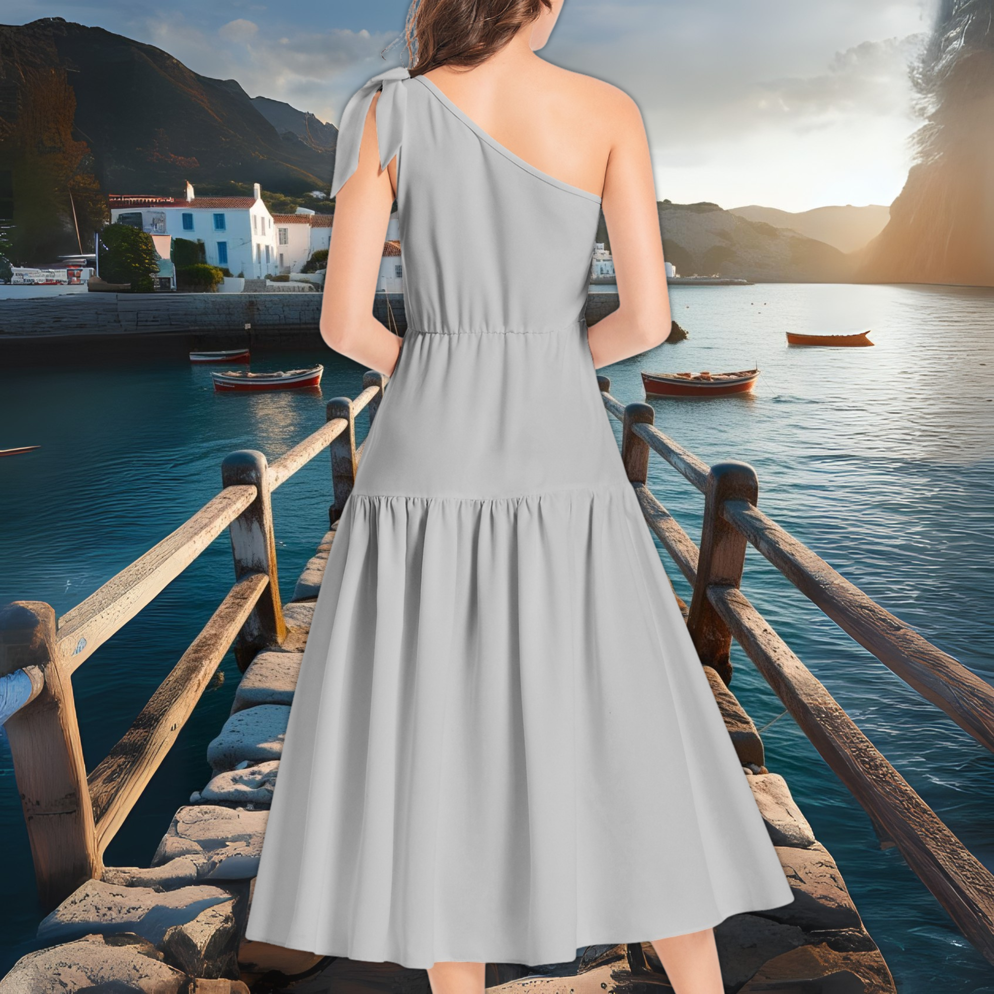 One Shoulder Ruffle Midi Dress in Slate Grey – Elegant Summer Dress – Wedding Guest Dress – Lunthia