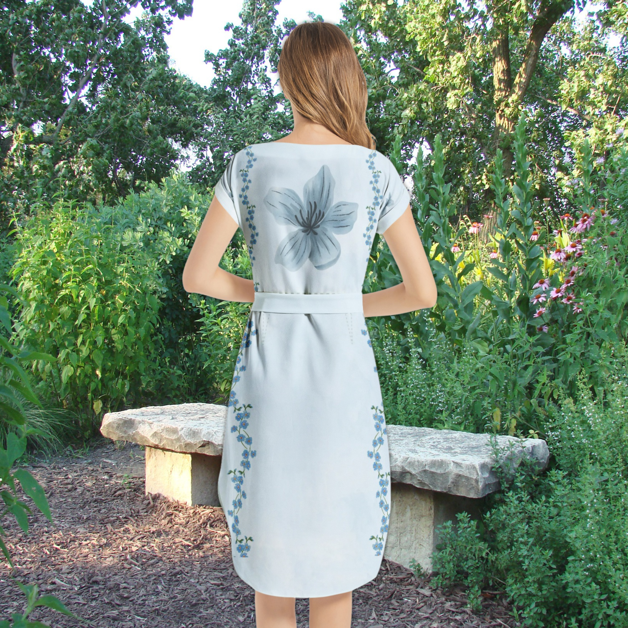 Blue Floral Belted Midi Dress – V-Neck Summer Dress with Batwing Sleeves
