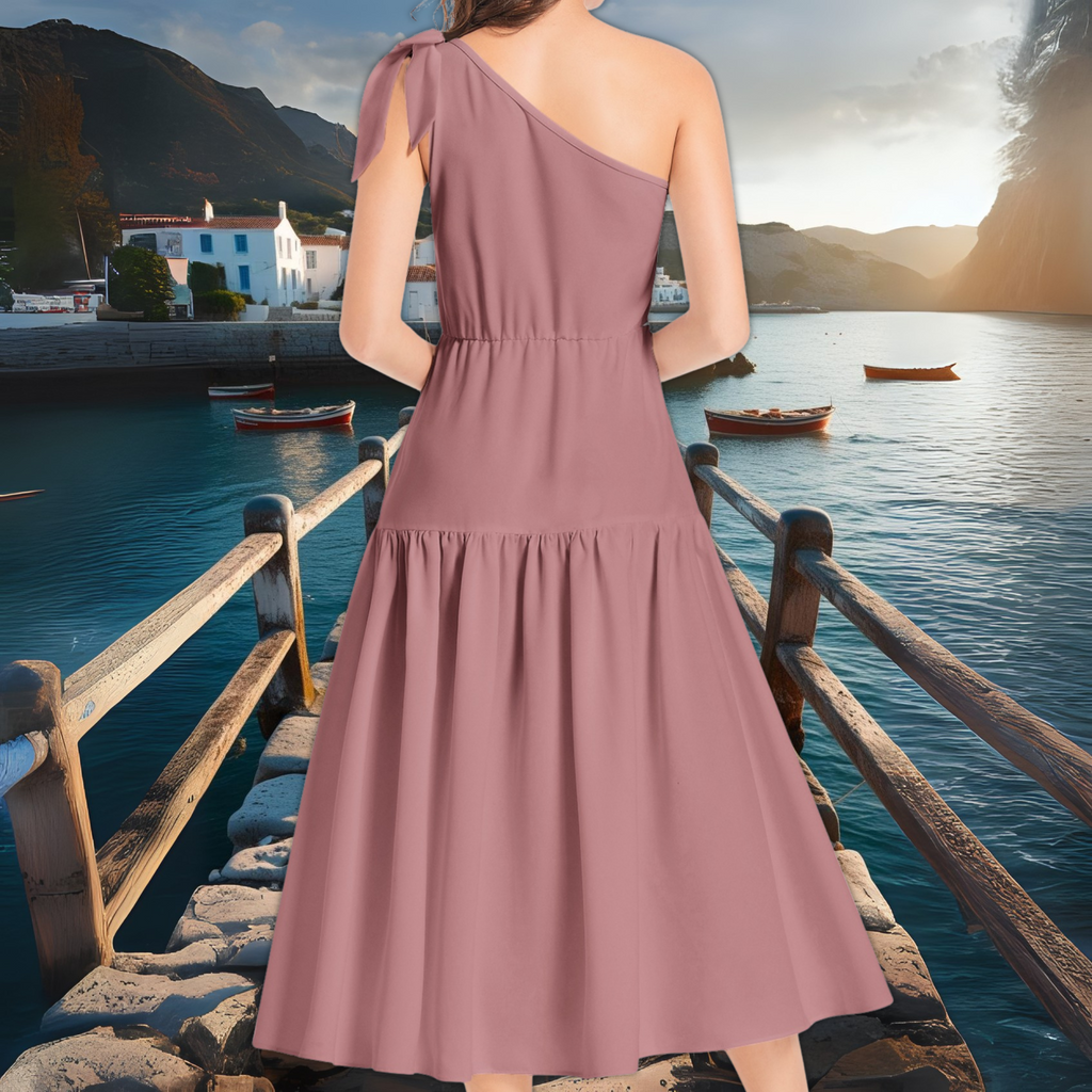 Dusty Mauve Ruffle Midi Dress – Romantic One Shoulder Dress – Bridesmaid or Spring Wedding Guest – Lunthia