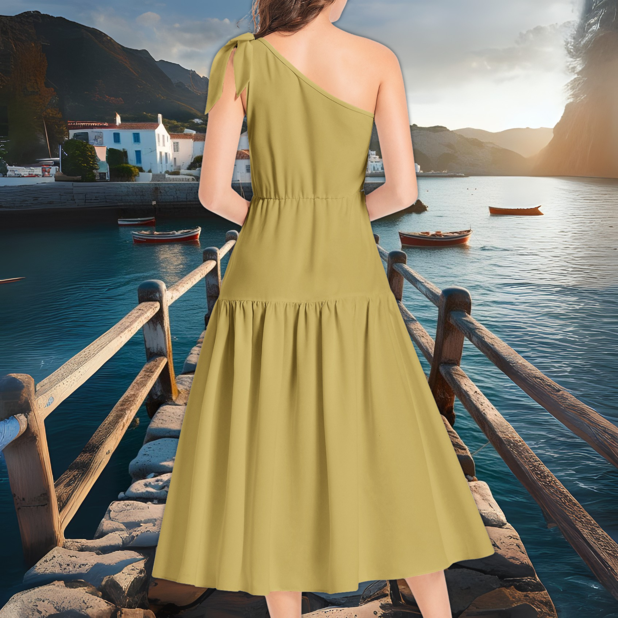 Olive Green One Shoulder Midi Dress – Ruffle Hem Boho Dress – Garden Party Outfit – Lunthia