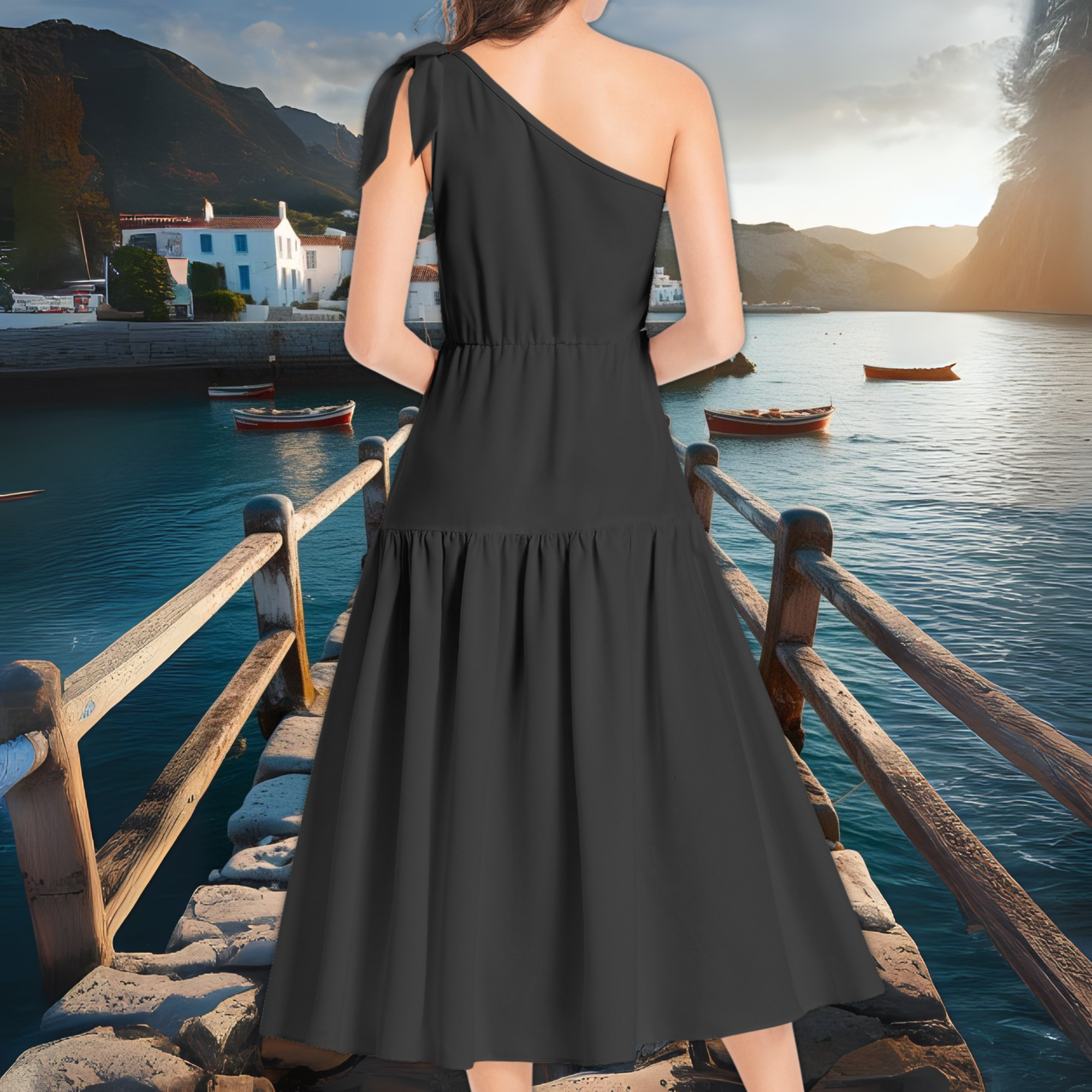 Black One Shoulder Ruffle Midi Dress – Elegant Evening Dress – Cocktail or Gala Outfit – Lunthia