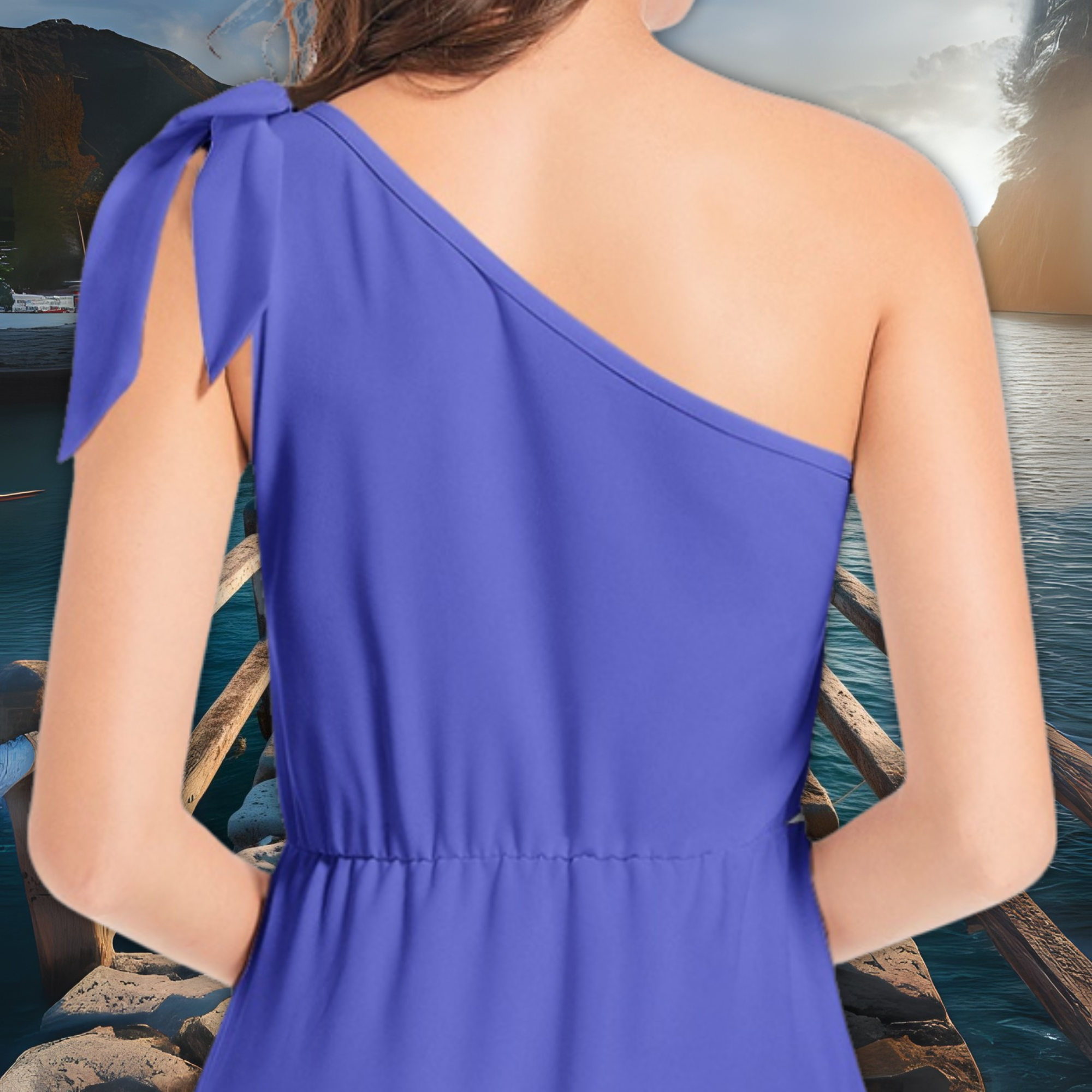 Royal Blue One Shoulder Midi Dress – Bold Ruffle Cocktail Dress – Evening Party Look – Lunthia