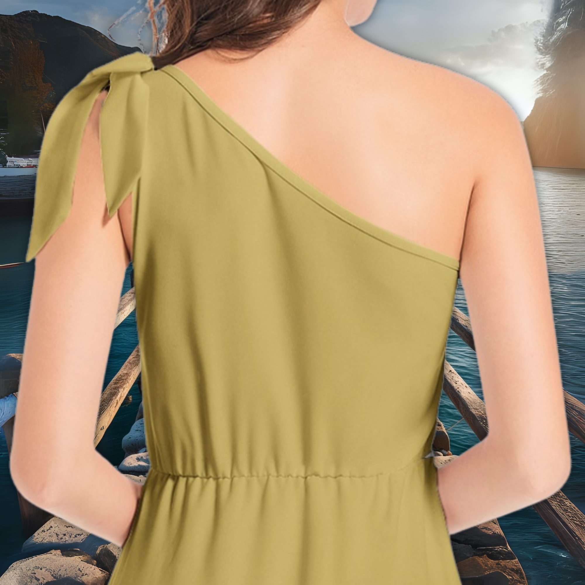 Olive Green One Shoulder Midi Dress – Ruffle Hem Boho Dress – Garden Party Outfit – Lunthia