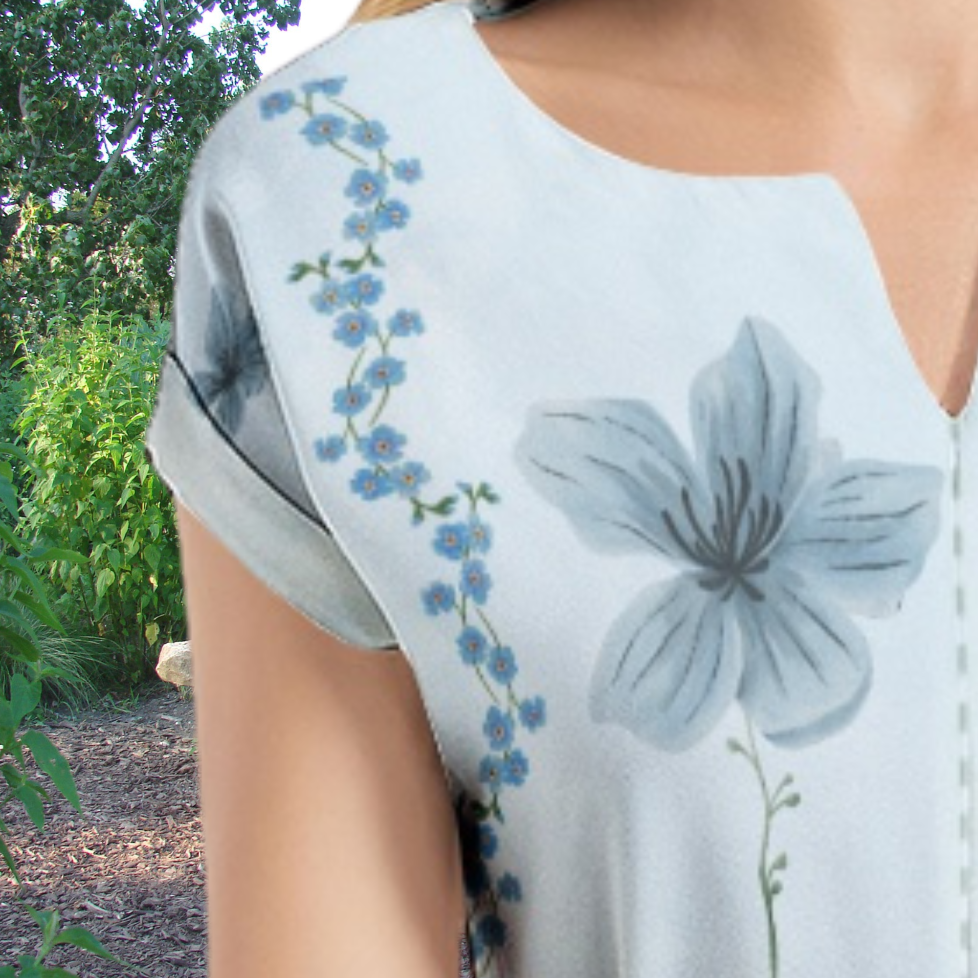Blue Floral Belted Midi Dress – V-Neck Summer Dress with Batwing Sleeves